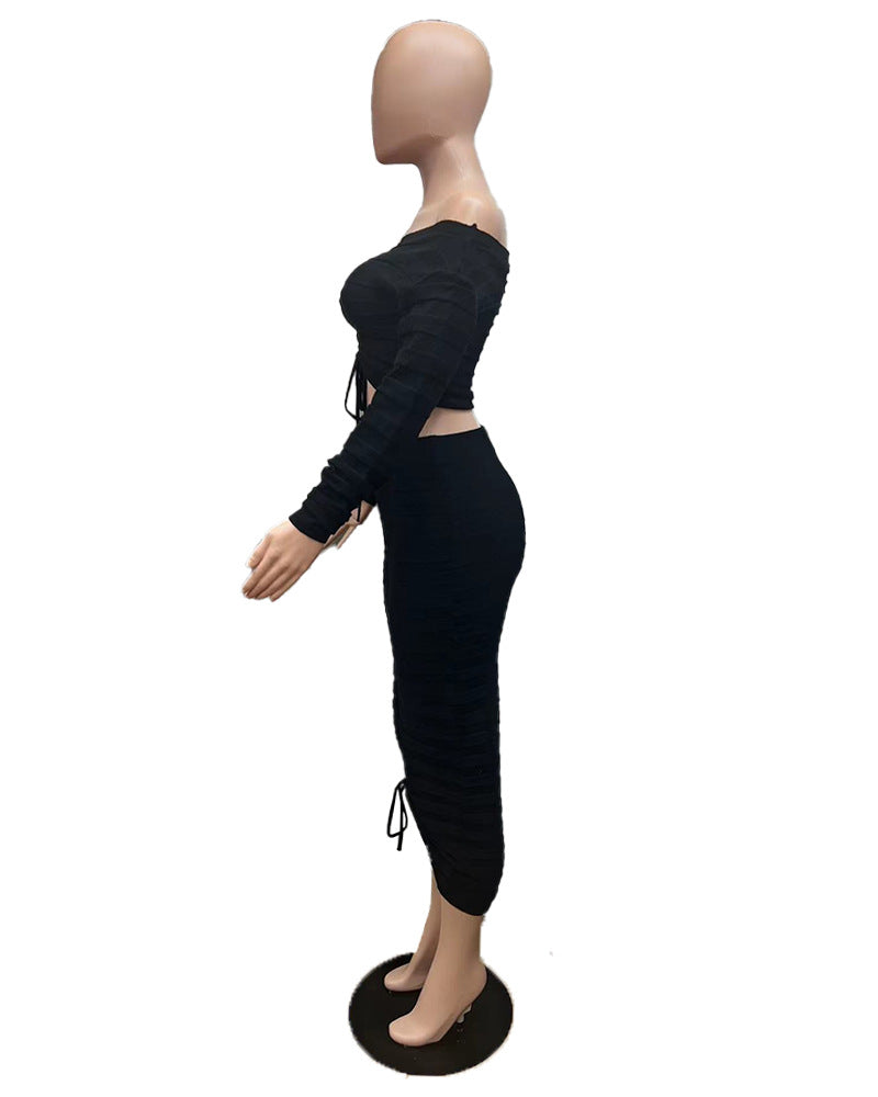 Women's Autumn and Winter Fashion Long Sleeve Off Shoulder Crop Top Drawstring Skirt Knitted two piece Set 11