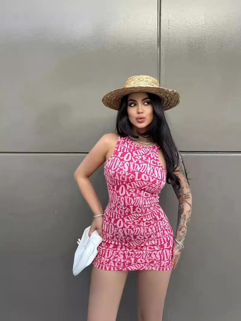 Women Sexy Summer Letter Print Round Neck Sleeveless Bodycon Dress 4