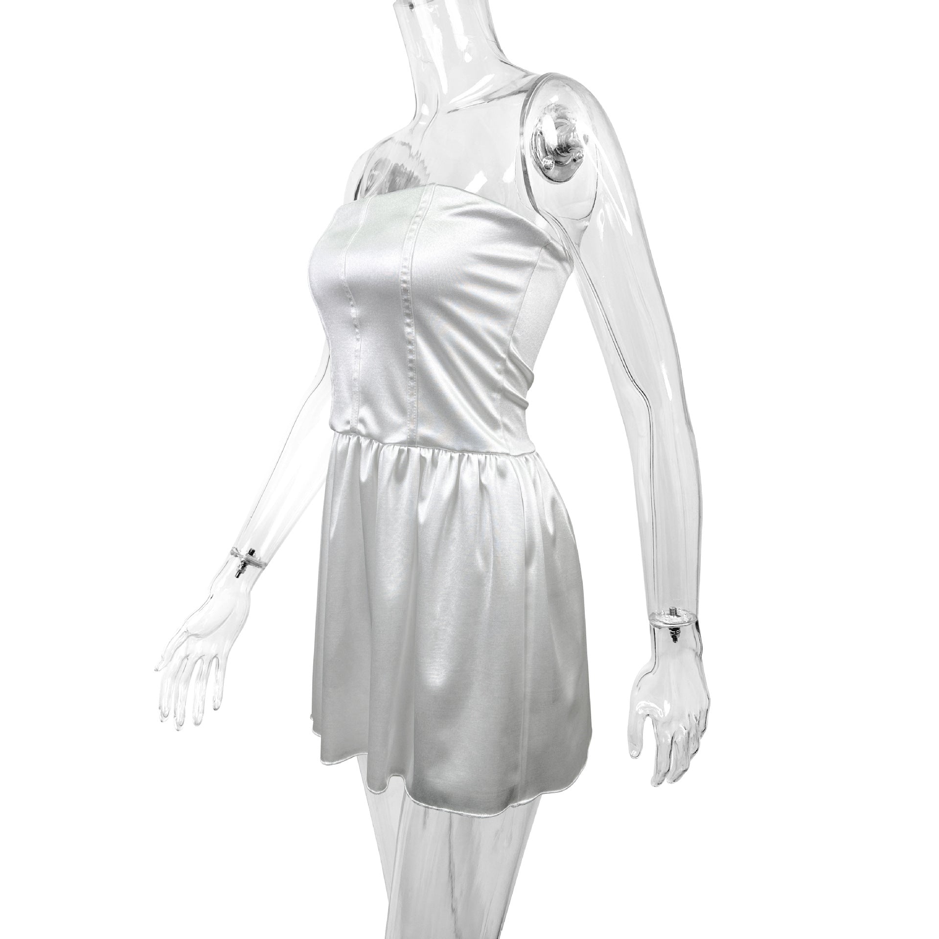 Spring Sweet Elegant Slim Waist Satin Strapless Bubble Short Dress 7