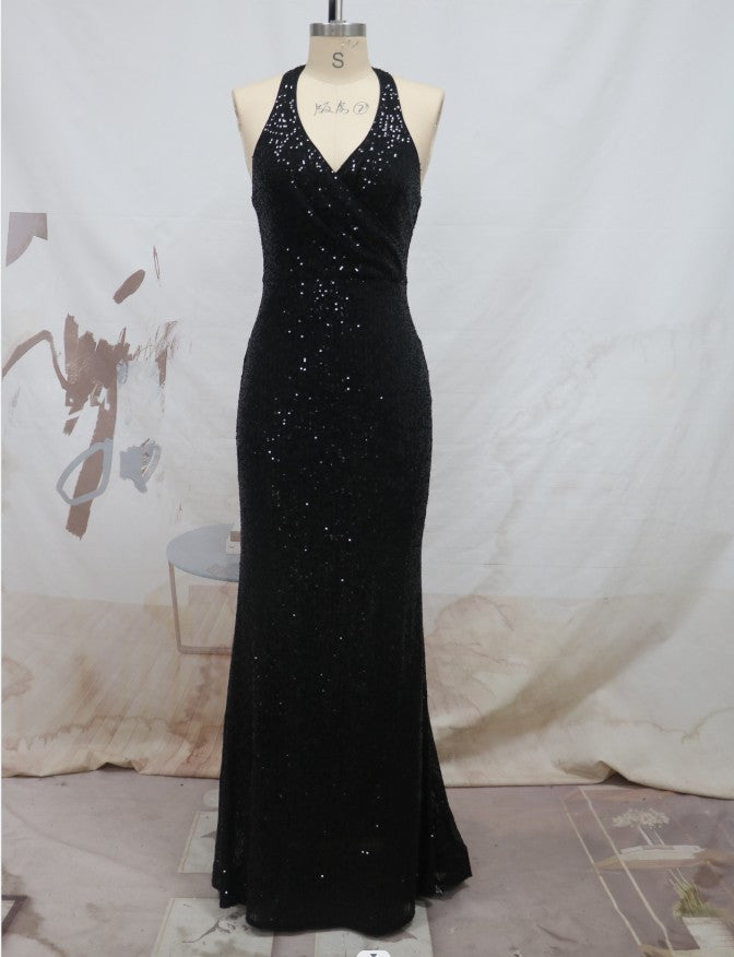 Women sequined sleeveless Halter Neck V-neck Formal Party evening dress 11