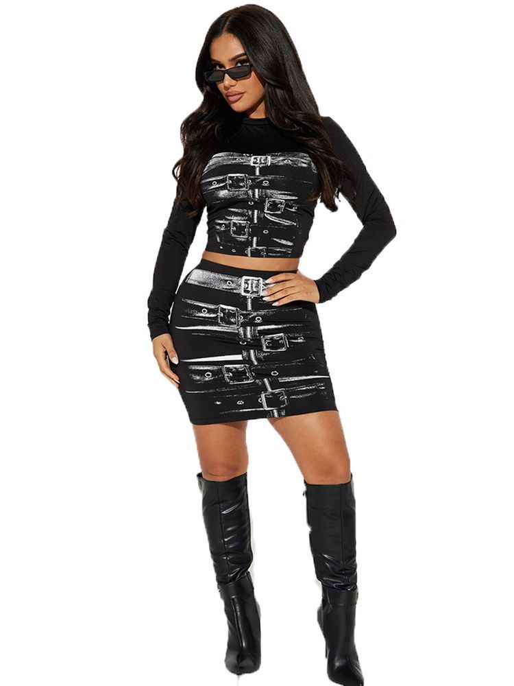 Women printed sexy long-sleeved Top and Style Skirt two-piece set 6