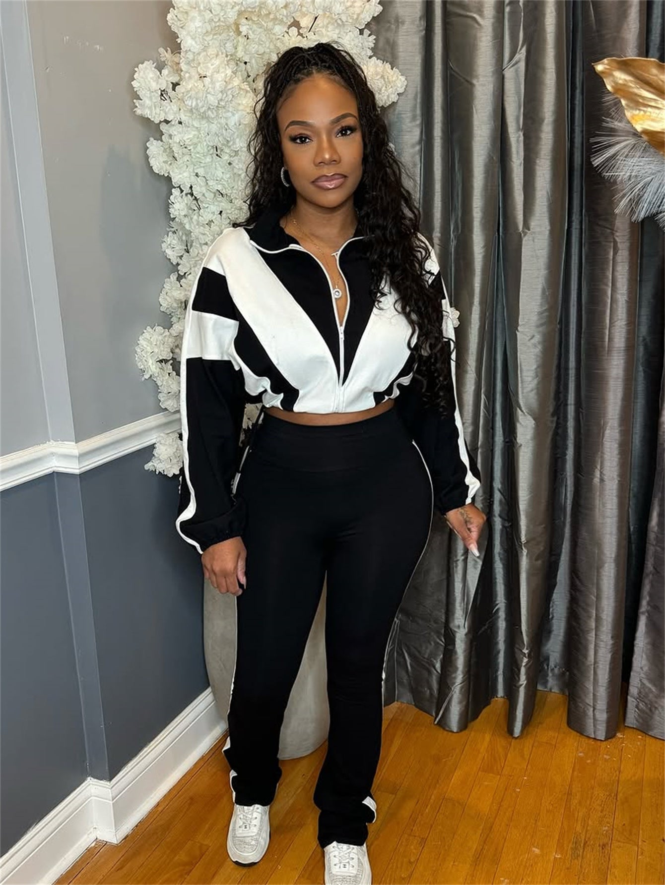 Women's Loose Casual Street Fashion Contrast Color Zipper Jacket & Trousers Two Piece Set 3