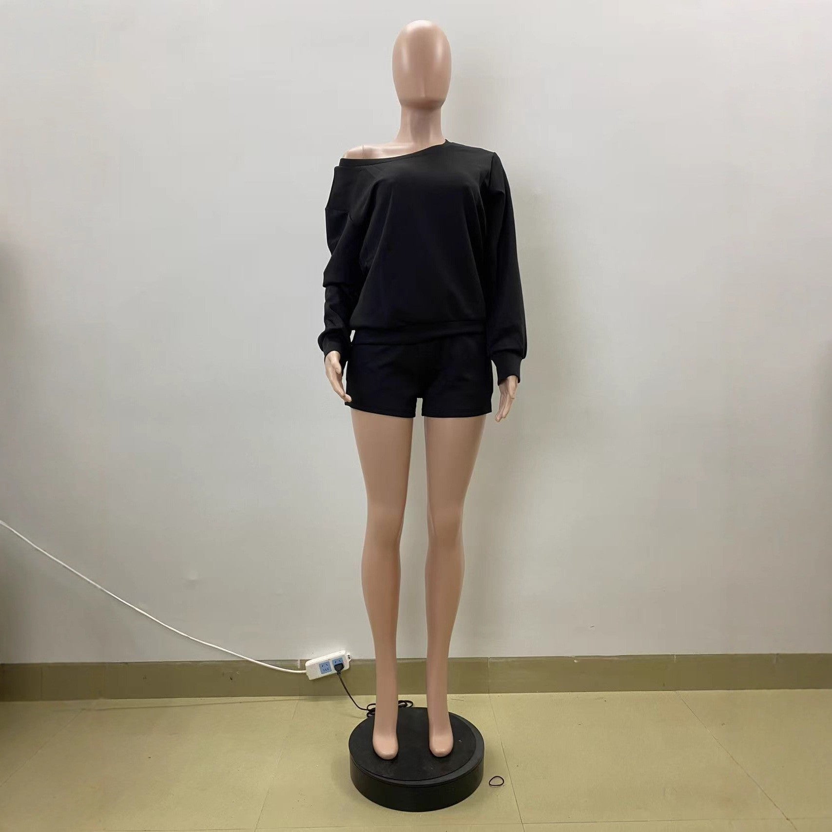 Autumn Black Casual Slash Shoulder Long Sleeve Top Shorts Set 4