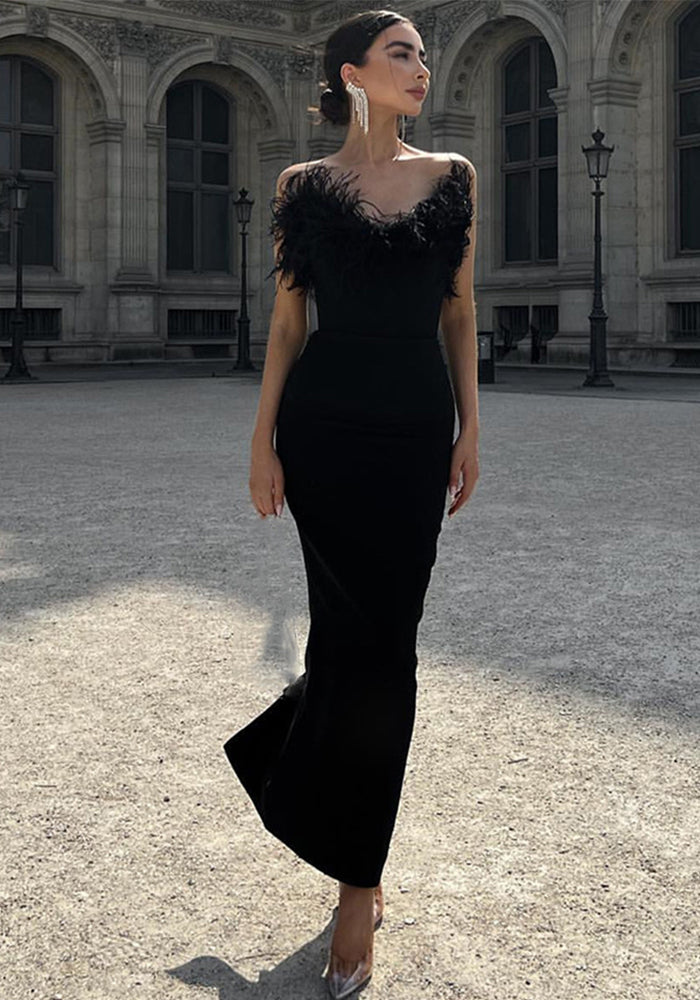 Strapless Bandage Dress Feather Stylish and Elegant Tight Fitting Bodycon Sleeveless Formal Party Dress