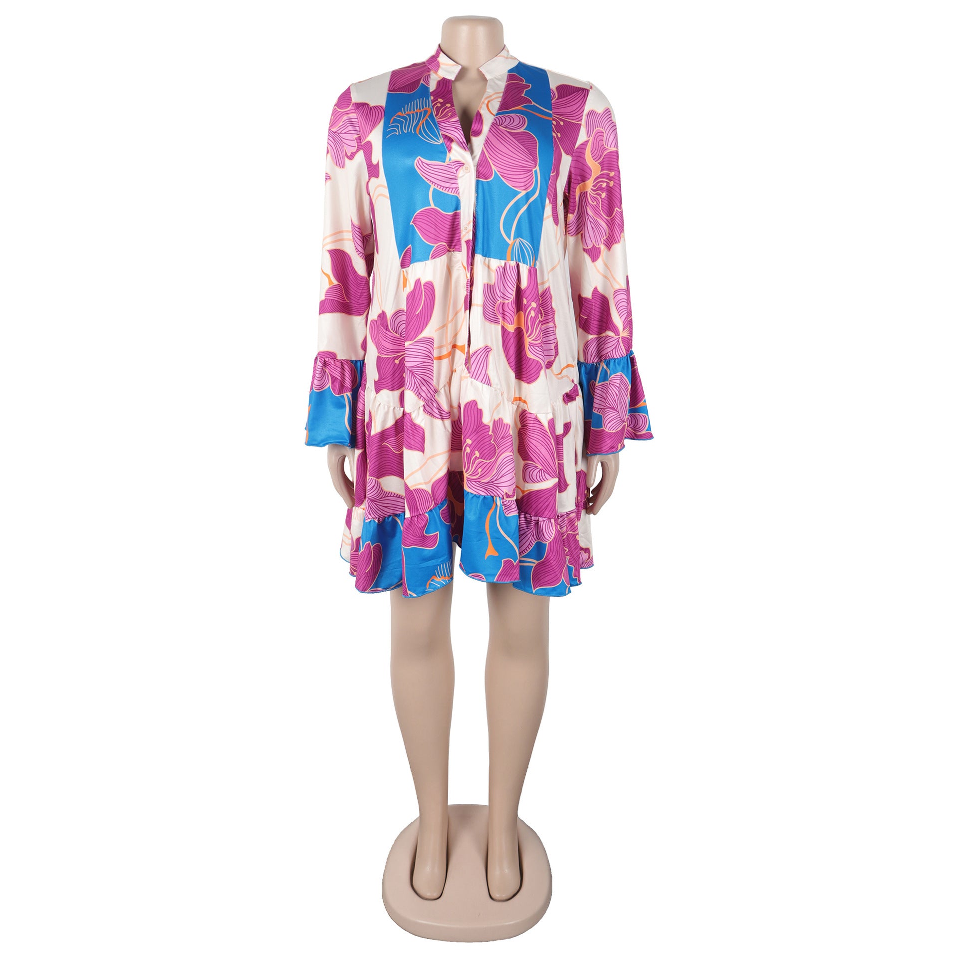 Women Elegant Floral Print V-Neck Patchwork Contrast Color Mini Dress 15