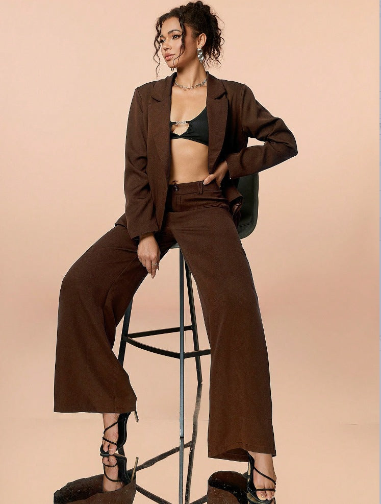 Women solid long-sleeved button blazer and wide-leg pants two-piece set 3