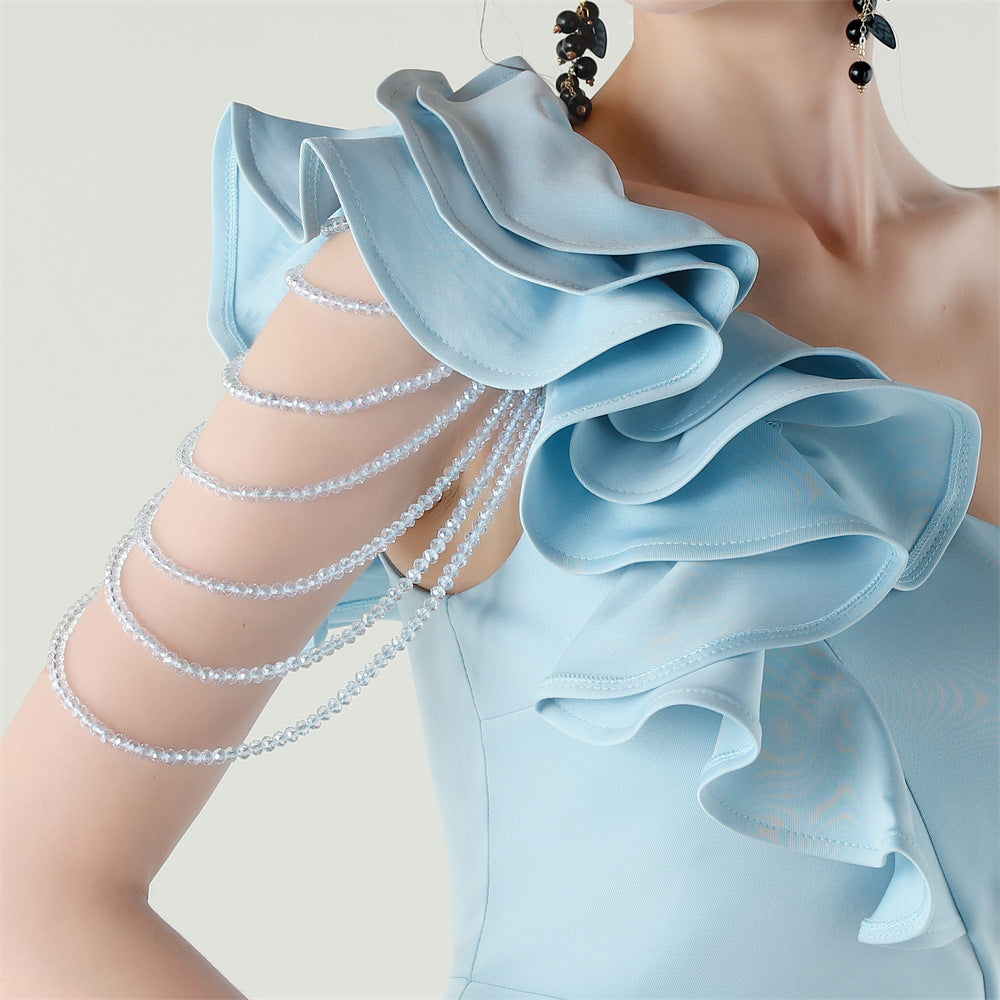 Women One-Shoulder Beaded Wool and Floral Satin Slit Sexy Evening Dress 51