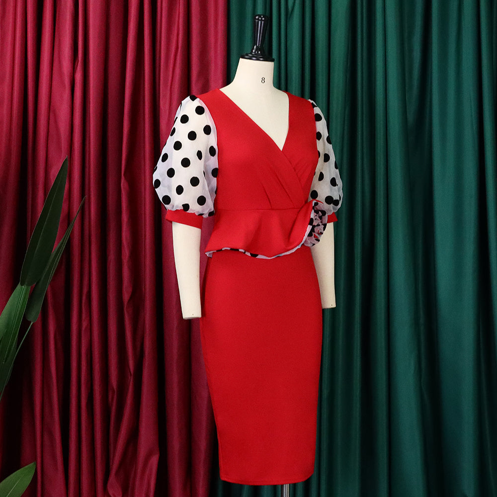 Plus Size Women'S Fashion Dot Mesh Patchwork V Neck Chic Career Bodycon Dress 17