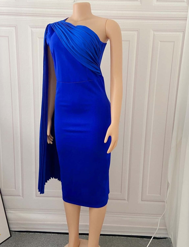 Spring African Elegant Blue Sloping Shoulder With Cape Sleeve Midi Dress 5