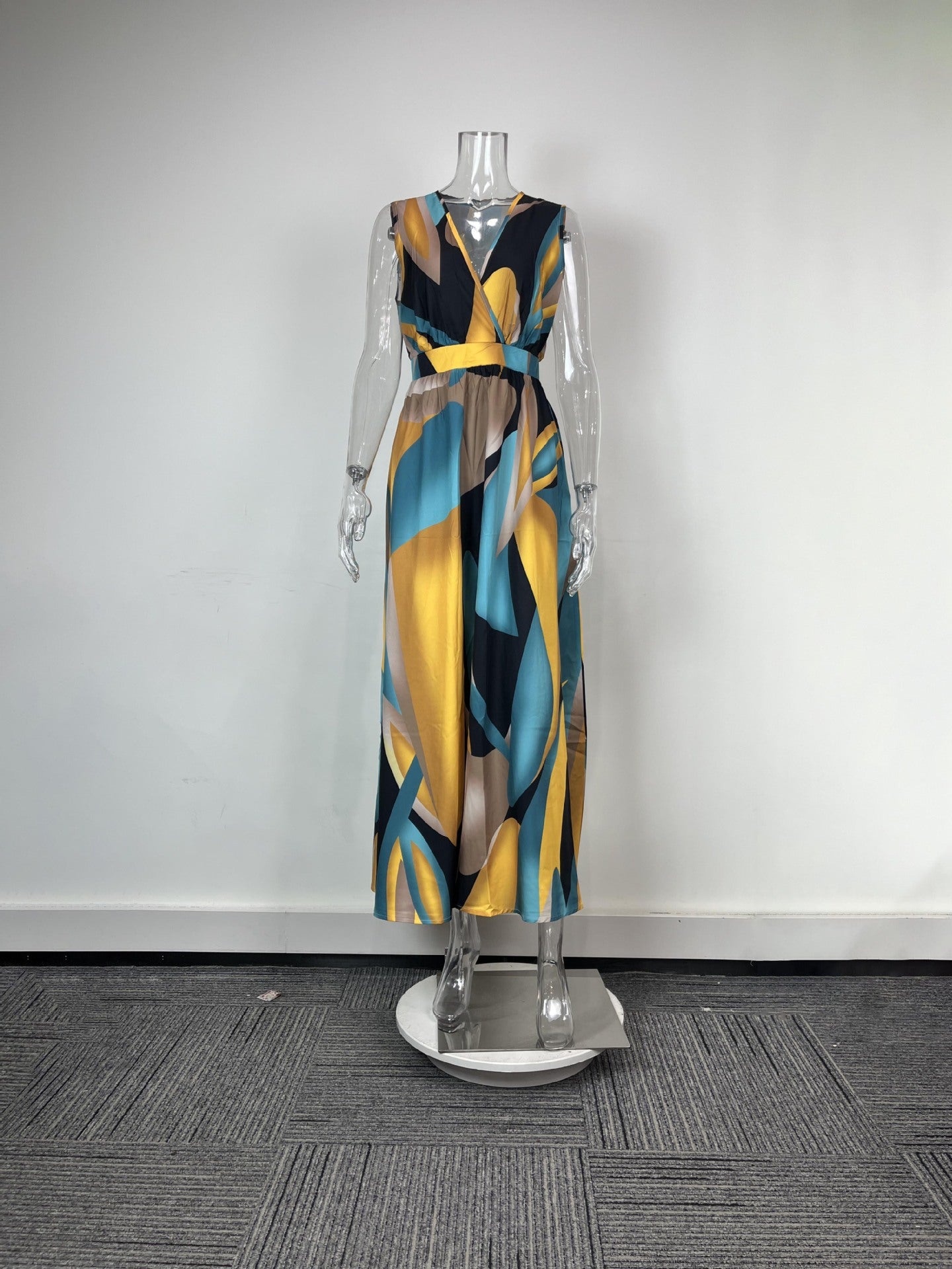 Women's Spring Printed Sleeveless Slim Waist Maxi Dress 5