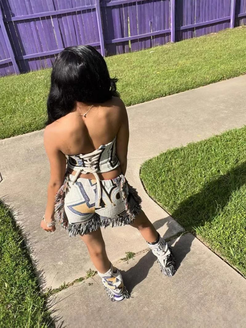 Women casual multi-color print tassel shorts 4