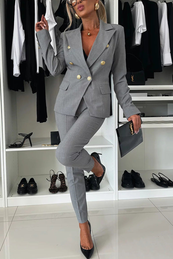 Women Elegant Professional Double-Breasted Blazer and Pants Two-Piece Set 3