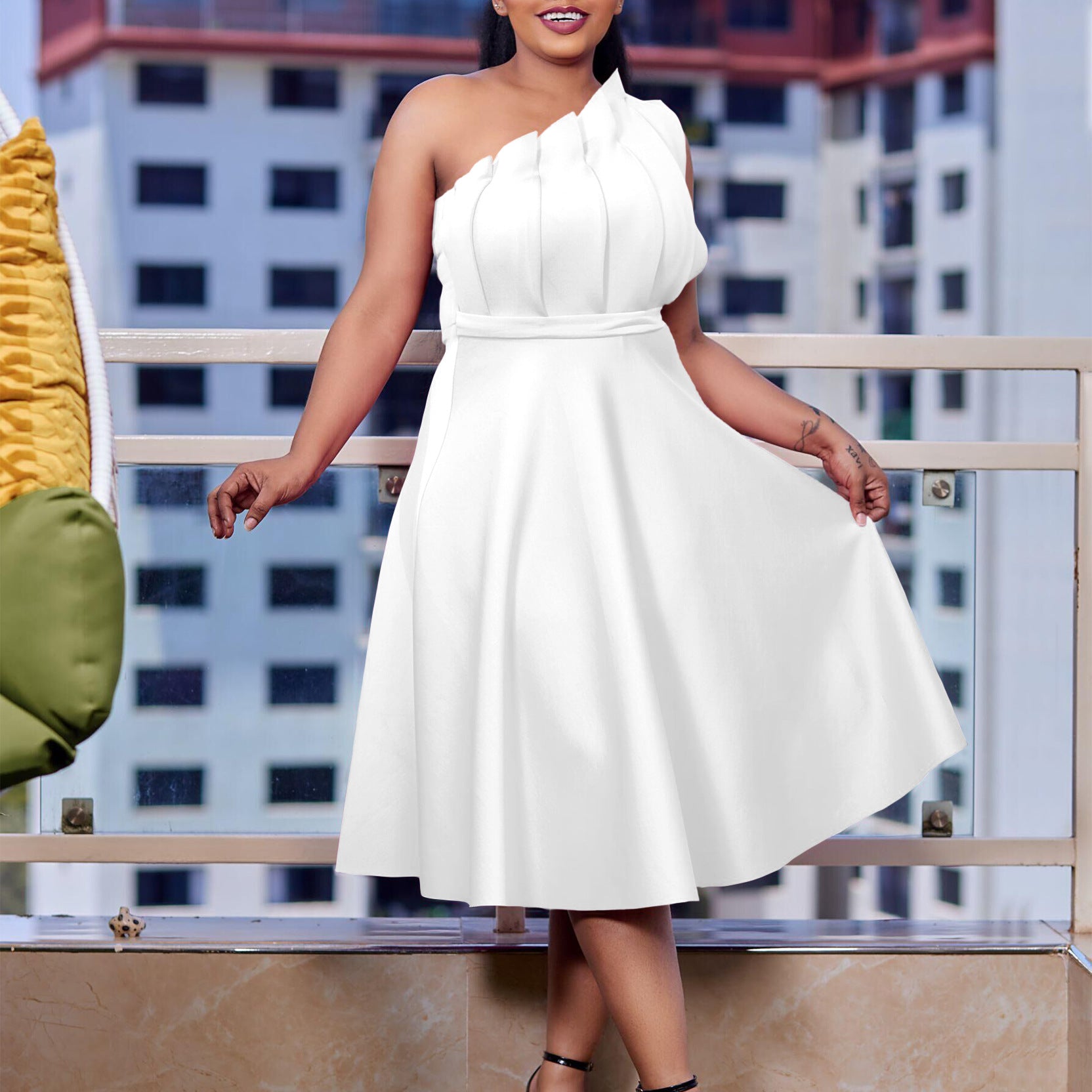 Plus Size Women Solid Sexy Pleated Formal Party Dress 6