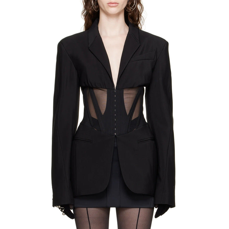 Women Fall French Career Casual mesh Patchwork See-Through Blazer 7