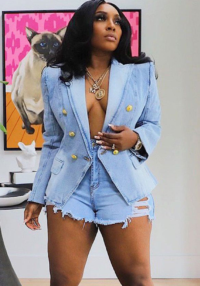 Women Button Denim Blazer Jacket 5