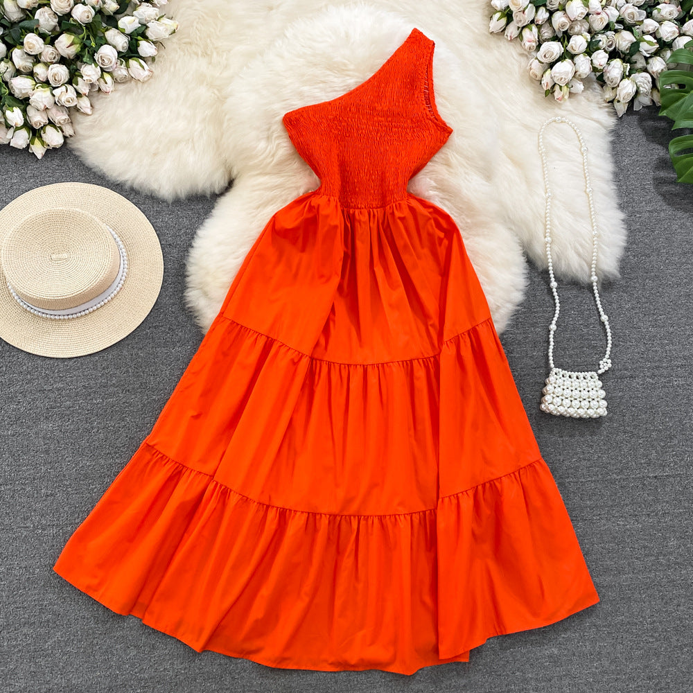 Retro Chic Sleeveless Slash Shoulder Slim Waist Slim Fit Beach Holidays A-Line Long Dress 6