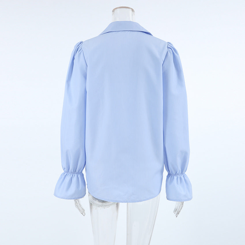 Women autumn and winter blue Turndown Collar Bell Bottom sleeve Shirts 11