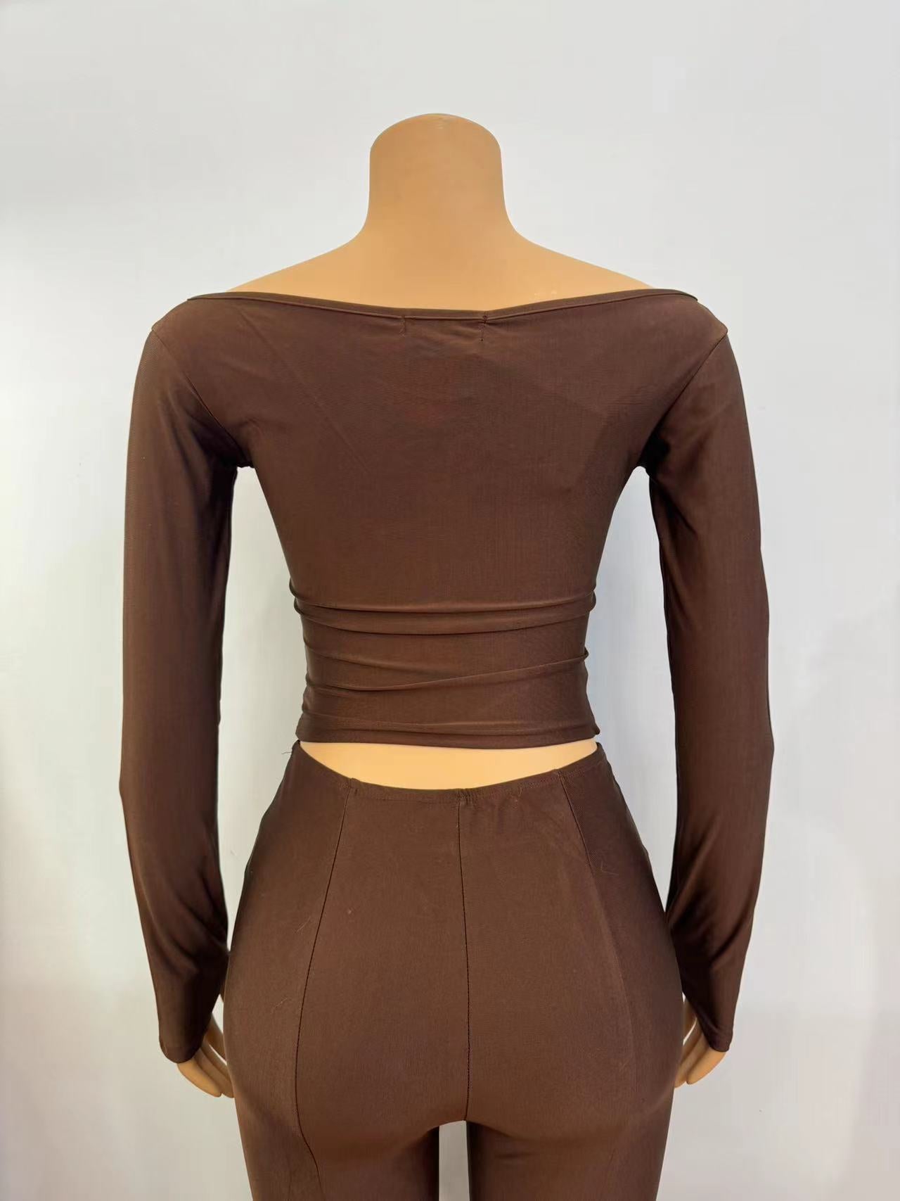 Women Solid v-neck sexy long-sleeved Top And trousers two-piece set 7