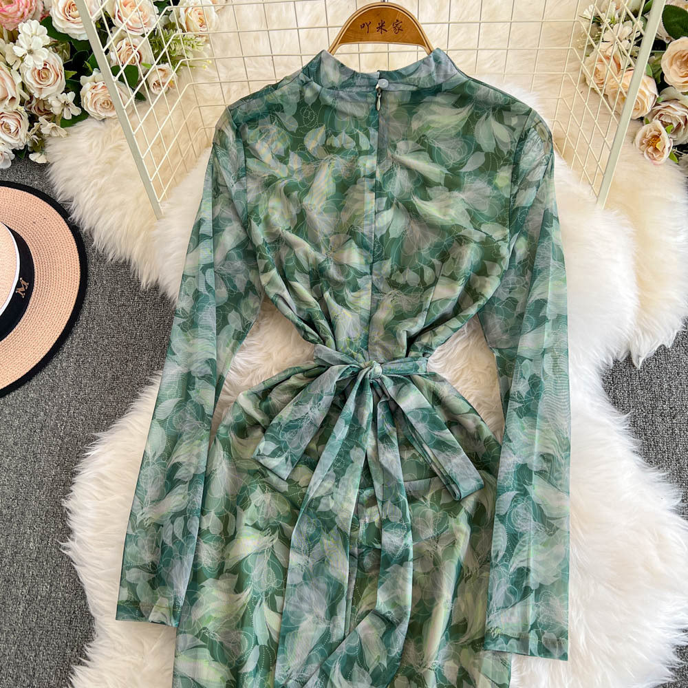 Women French Style Long-Sleeved V-Neck Lace-Up Maxi Print Bodycon Dress 20