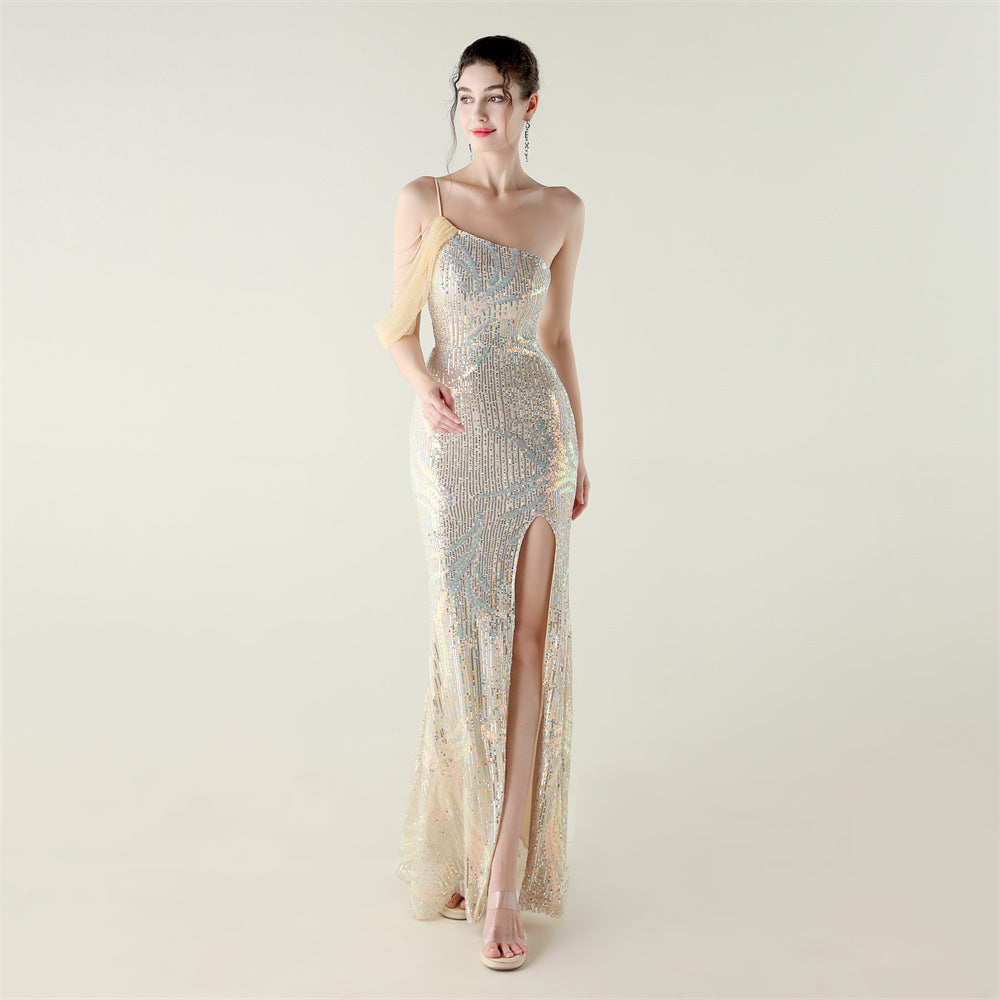 Sequin Mesh Off-Shoulder High Slit Fishtail Party Dress 12