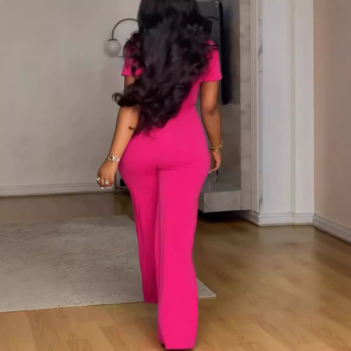 Irregular Neckline Slim Waist Button Wide Leg Jumpsuit 4