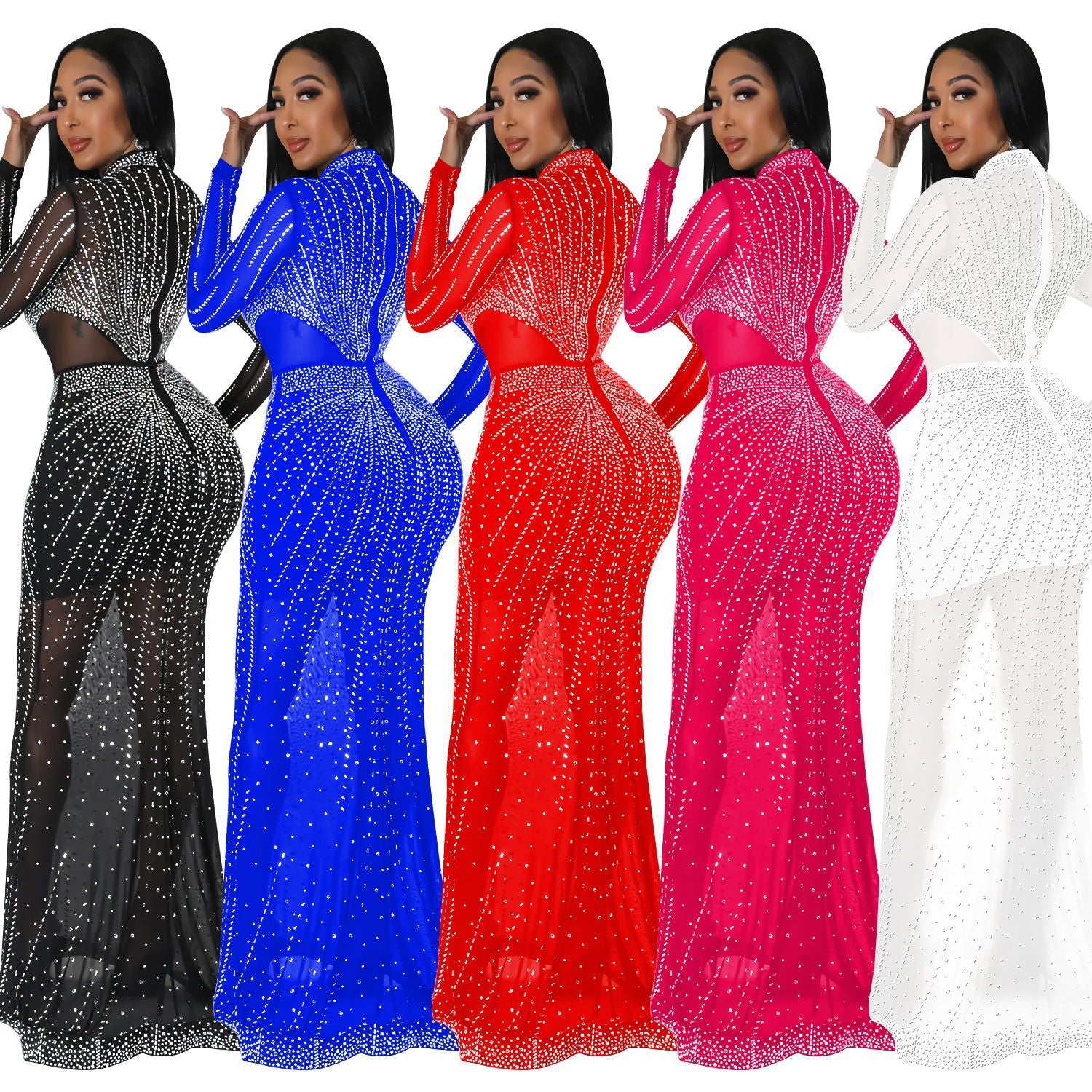 Women's Fashion Solid Color Mesh Beaded Long Sleeve Maxi Dress 10