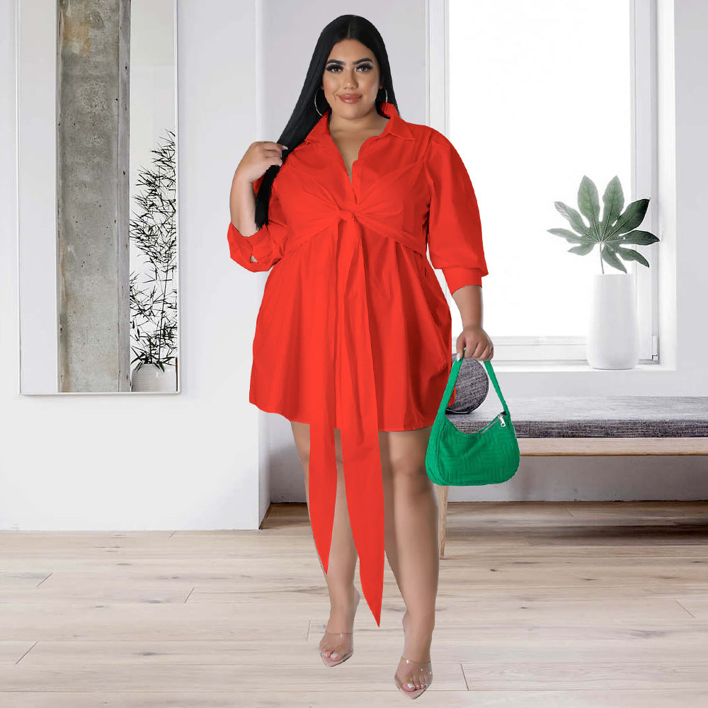 Plus Size Women Sexy Solid Tie Long Sleeve Shirt Dress 10