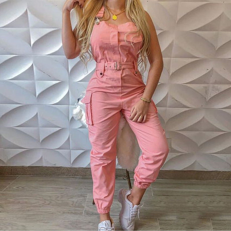 Women's Belt Sleeveless Overalls Cargo Jumpsuit 10