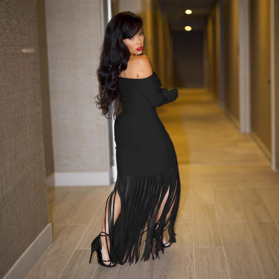 Women sexy Off Shoulder tassel long sleeve off-shoulder wrap dress