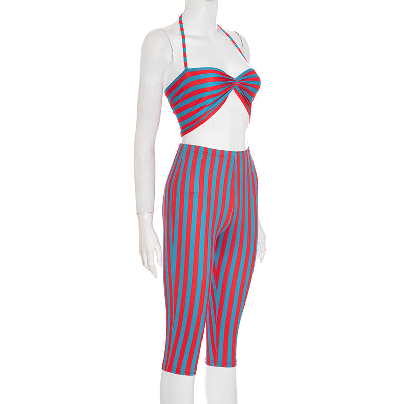 Women Contrast Striped Halter Neck Top and Capri Pants Two-Piece 21