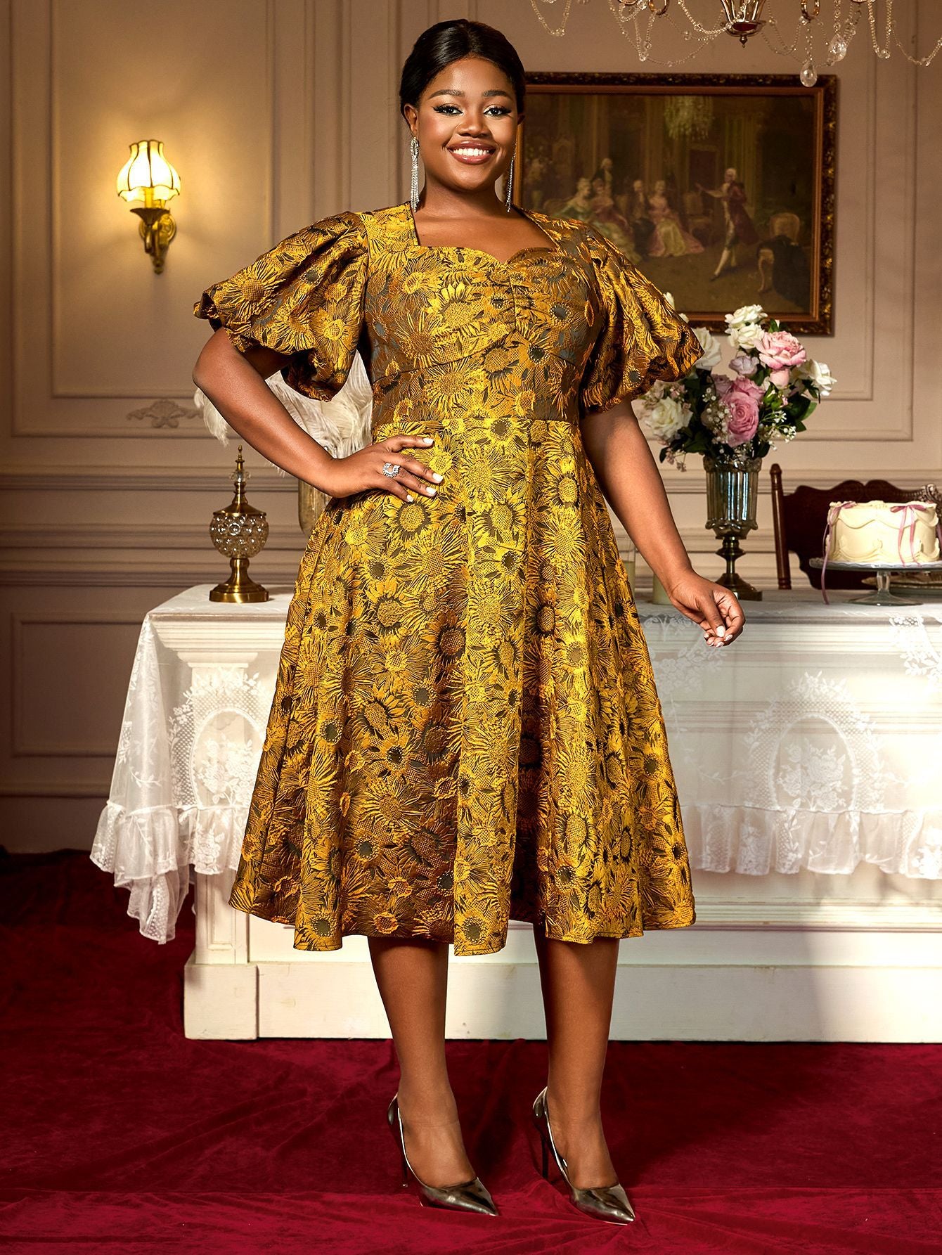 Summer Puff-Sleeve Jacquard Square-Neck A-Line Cocktail Dress 7