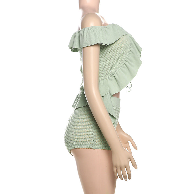 Women Summer Sexy Off Shoulder Lace-up Crop Top Shorts Two-piece Set 8