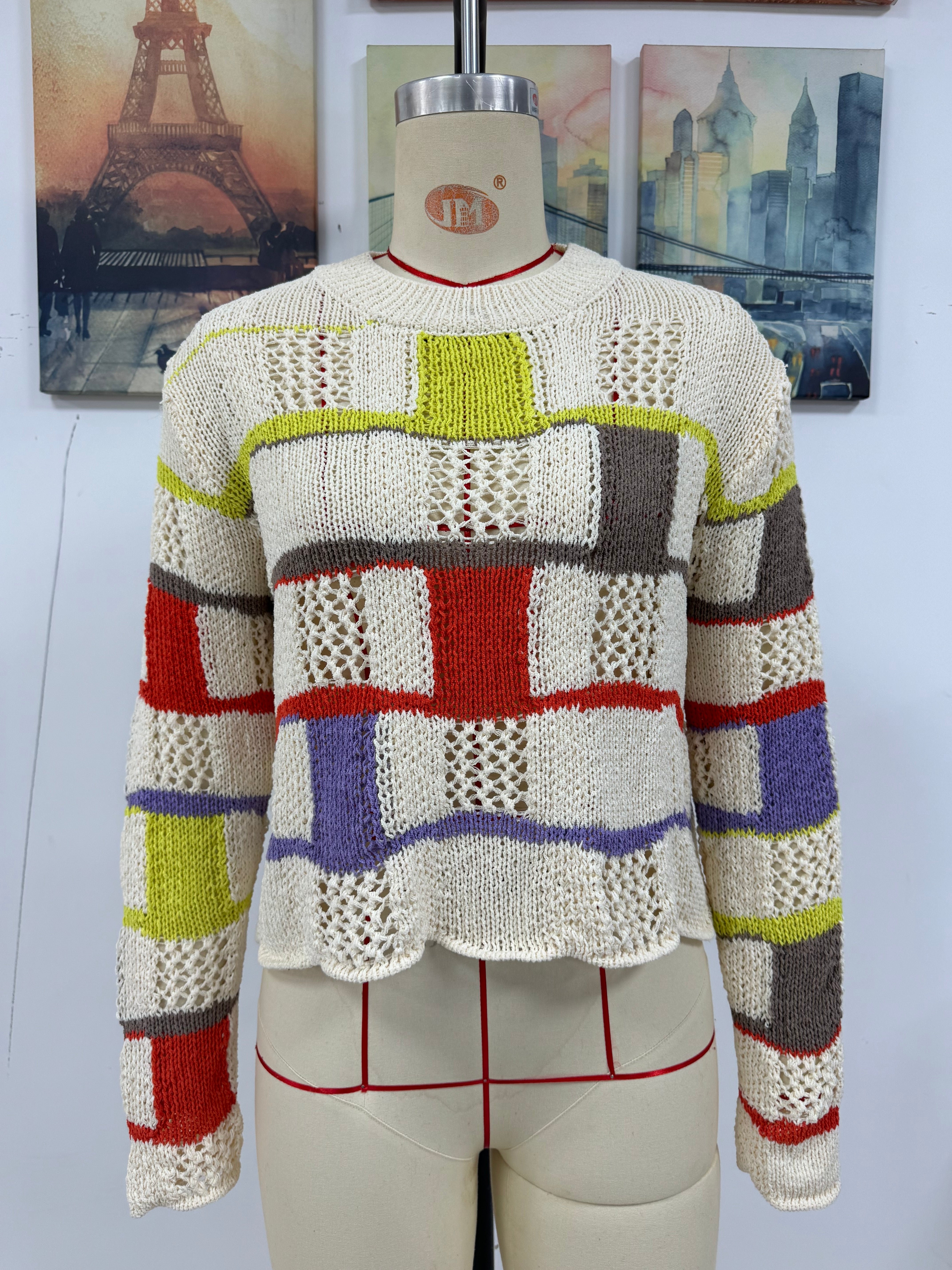 Plus Size Women Round Neck Color Block Knitting Loose Long Sleeve Sweater 10