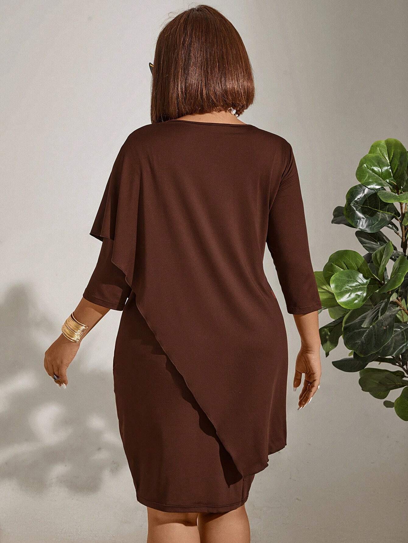 Plus Size Women V-neck Solid Irregular Dress 4