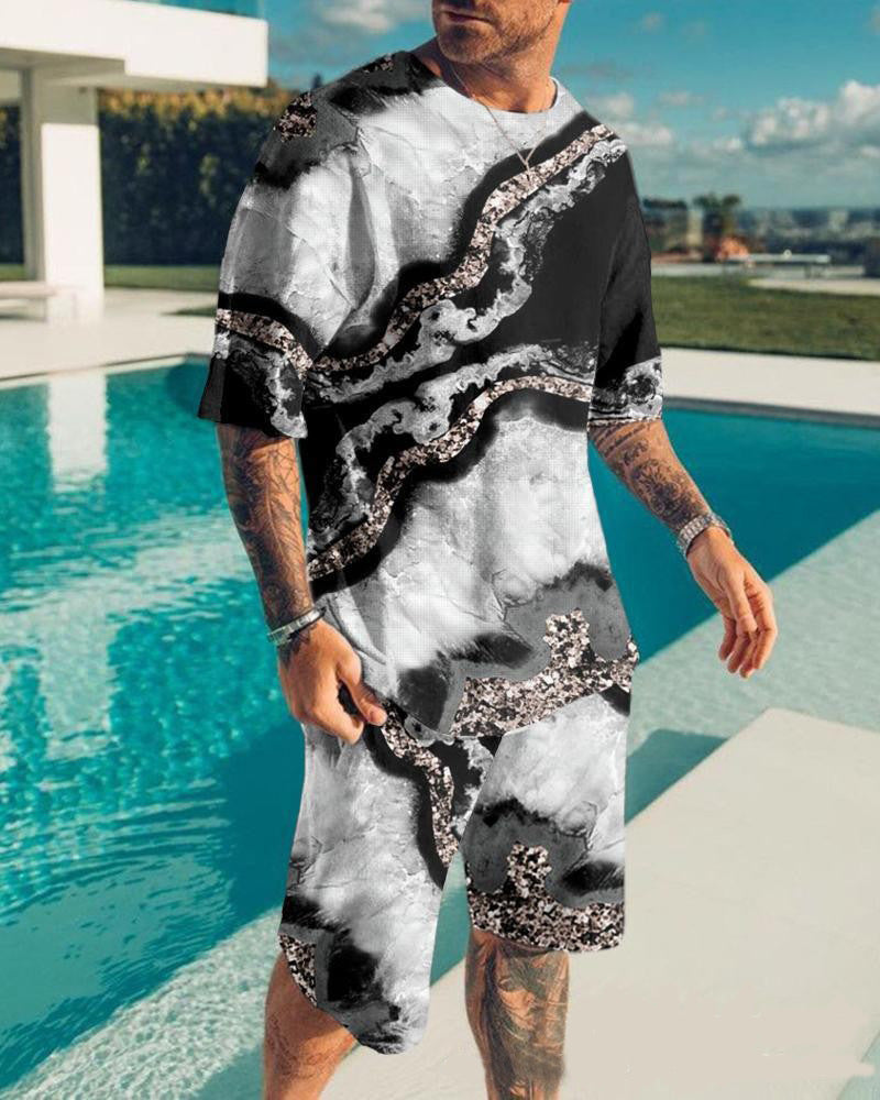 Men's Casual Colorblock Print Short Sleeve T-Shirt and Shorts Two-Piece Set 16