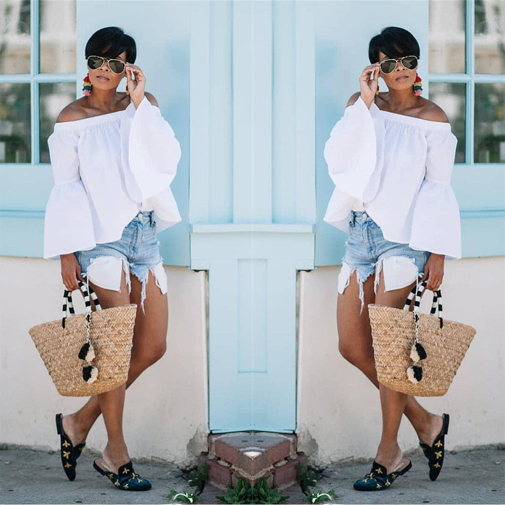 Women's Sexy Off-Shoulder Bell Bottom Sleeve Solid Color Loose Top