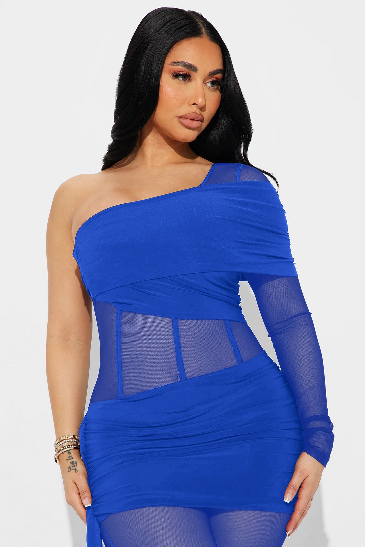 Fashion Slim Fit Sexy Solid Color Slim Waist One-Shoulder Long Sleeve Patchwork Jumpsuit 11