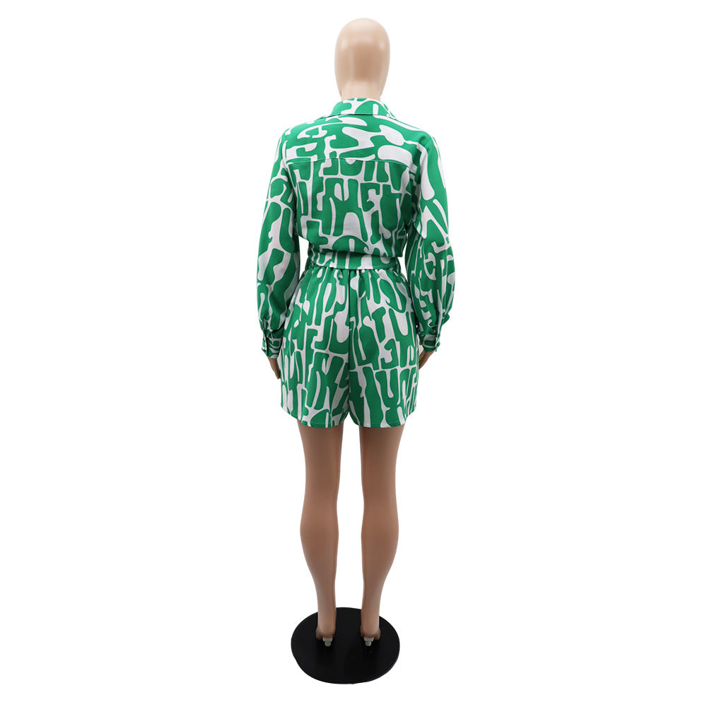 Loose Printed Long Shirt Casual Women's Shorts Set Summer Two-Piece Set 15