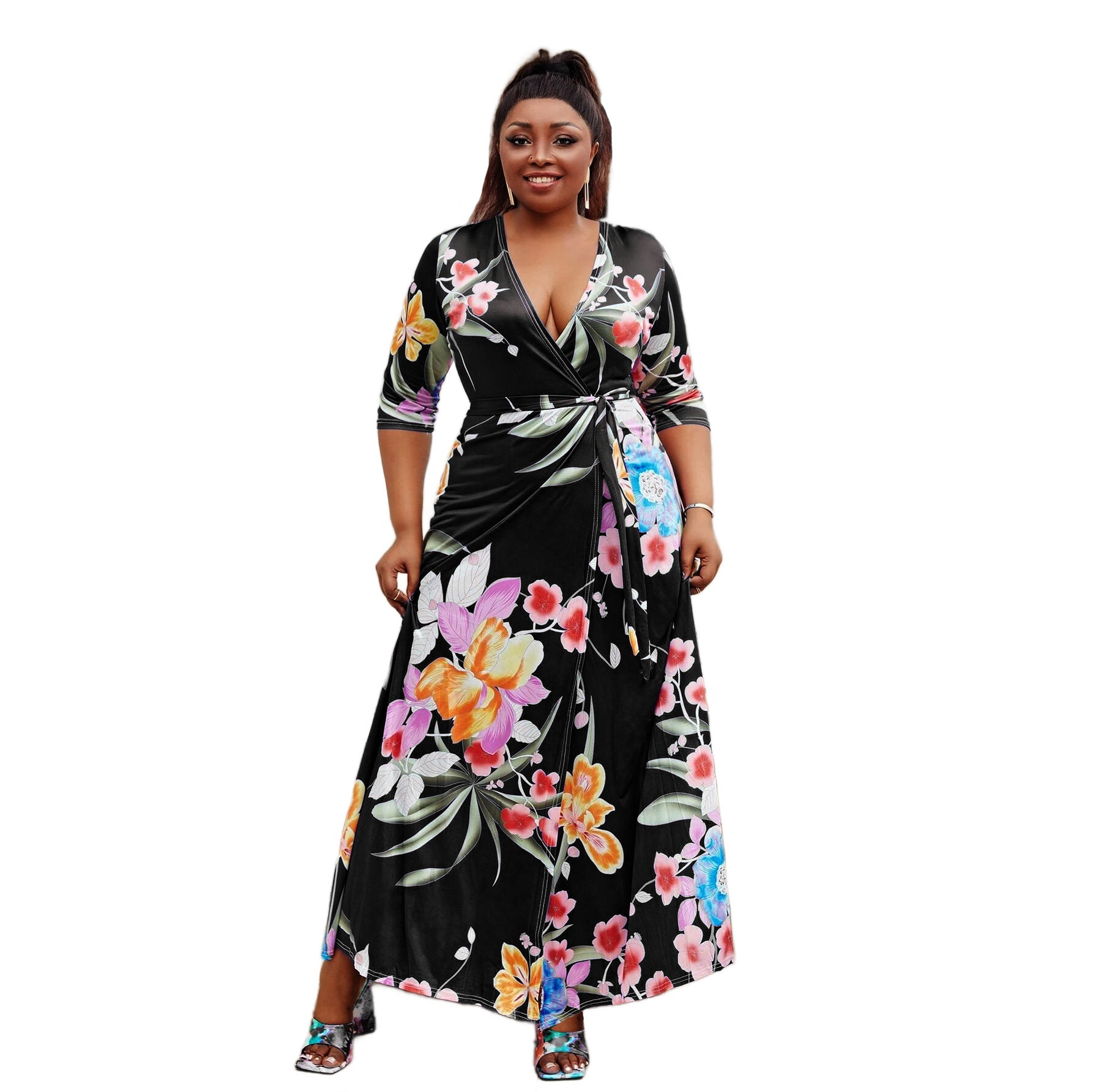 Women V-neck Half-Sleeve Slit Dress Bohemian Beach Maxi Dress 10