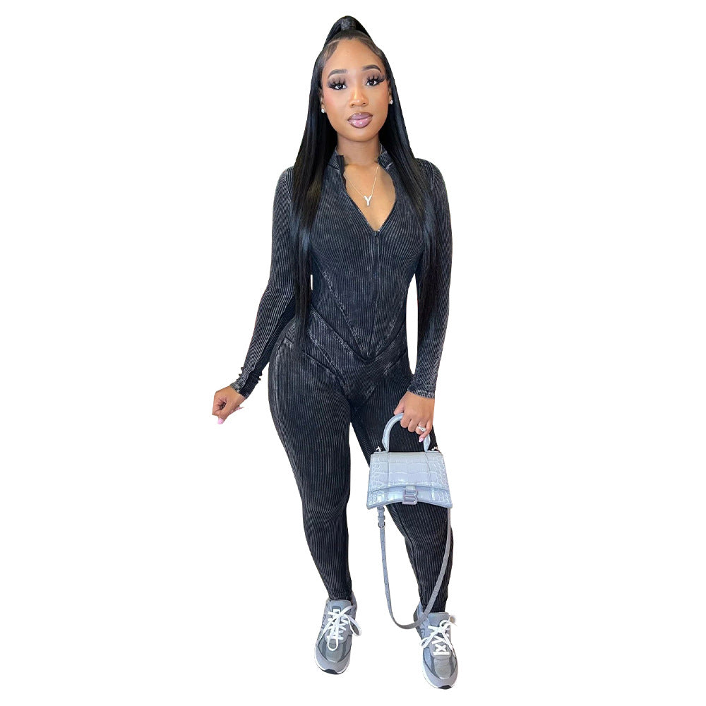 Women's Ribbed Printed Sexy V-Neck Tight Fitting Zipper Jumpsuit 8