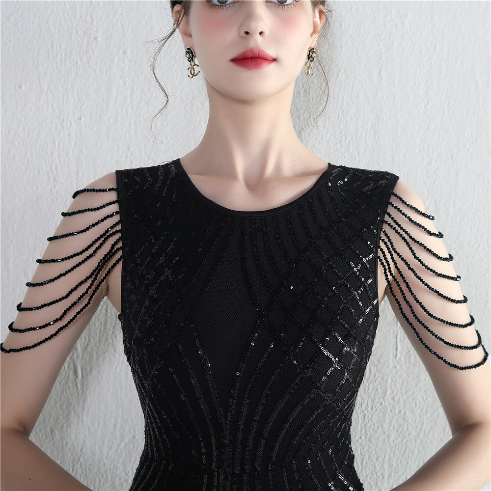 Decorative Crystal Diamond Chain Sequin Embroidery Stripe Positioning Flower Dinner Ceremony Long Evening Dress 17