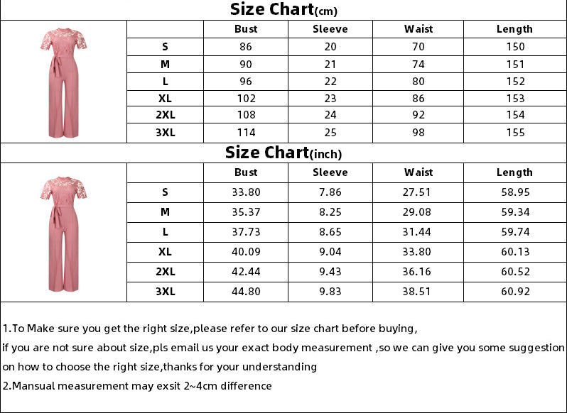 Women's Sexy Lace Hollow Short Sleeve Belt High Waist Wide Leg Jumpsuit 10