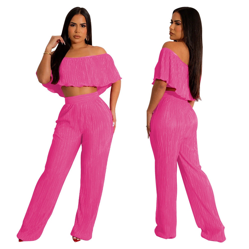 Women's Pleated Ruffle Off Shoulder crop top Wide Leg Pants two piece Set 6