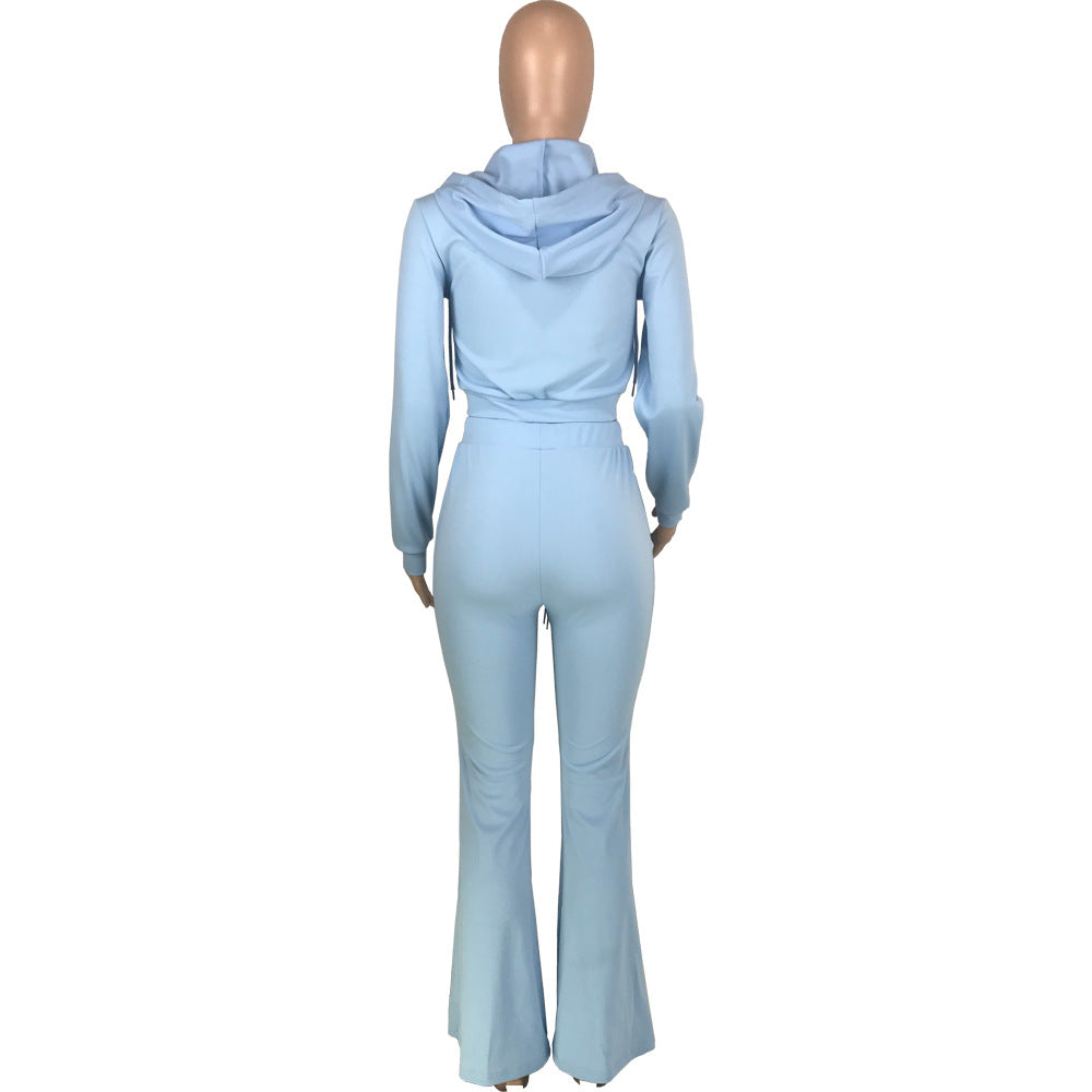 Women's Fashion Solid Color Pocket Zipper Hooded Casual Jacket Bell Bottom Pants Two Piece Set 13