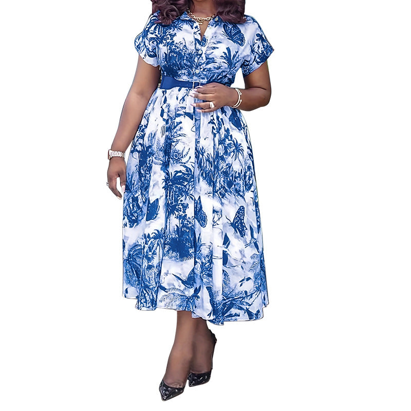 Plus Size Women Printed Stand Collar Belted Dress 7
