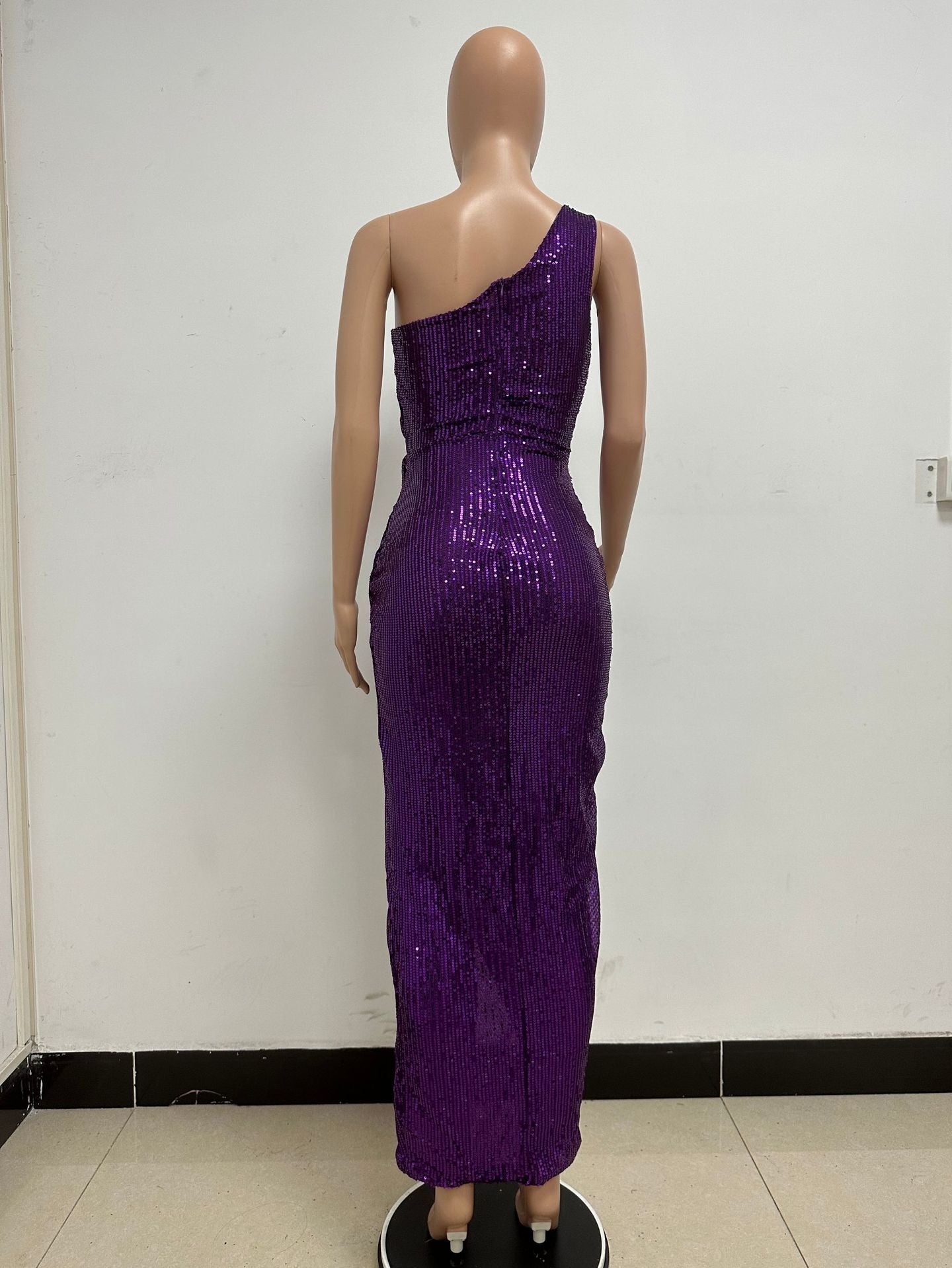 Women's One-Shoulder Lace-Up Sequined Evening Dress 116