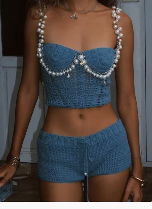 Spring/Summer Sexy Solid Color Crop Strap Beaded Top 3