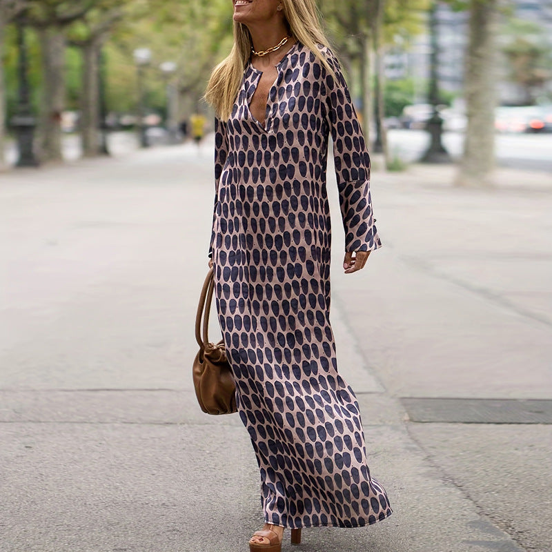 Plus Size Women Turndown Collar Long Sleeve Slit Dress