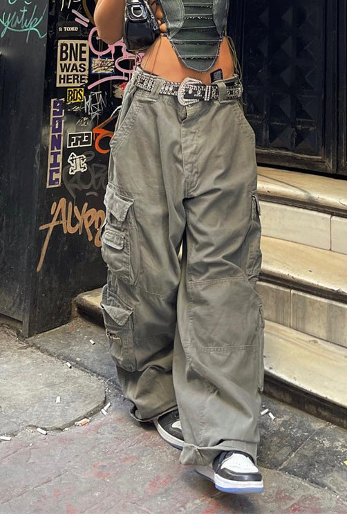 Casual Street Trend Woven Wide-Leg Casual Pants Multiple Pockets Design Cargo Pants For Women 3