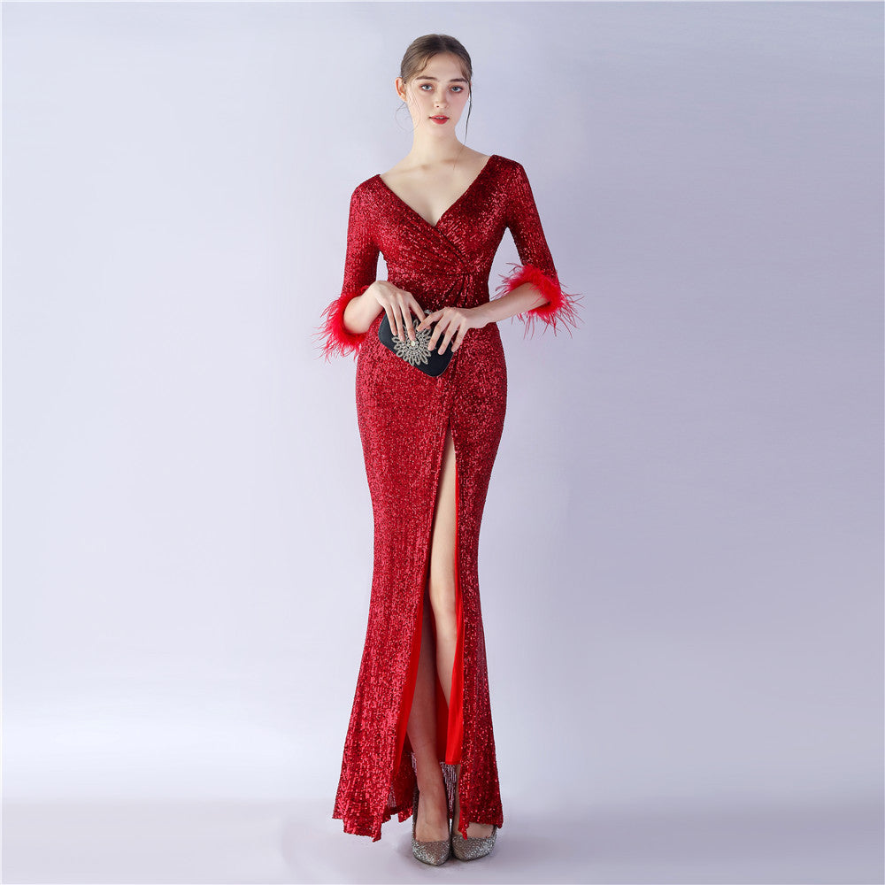 Sexy Feather Sequined Long-Sleeved Evening Dress 11